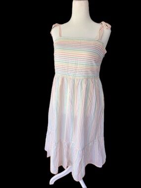 GAP Rainbow Stripe Cotton Midi Dress NWT Tie Strap Tiered Sundress